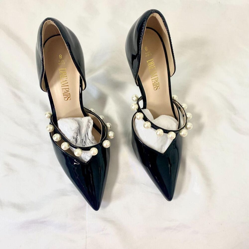 NEW DREAM PAIRS Black Faux Patent Pointed Toe Pearl High Heels Stiletto US 8 - Picture 4 of 7